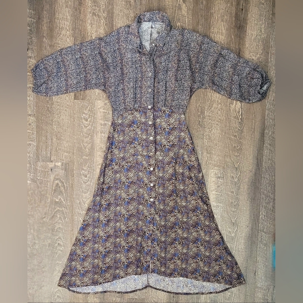 Bl^nk London Anthropologie Midi Dress Womens S Black Blue Tan Animal Print Boho - Picture 6 of 15